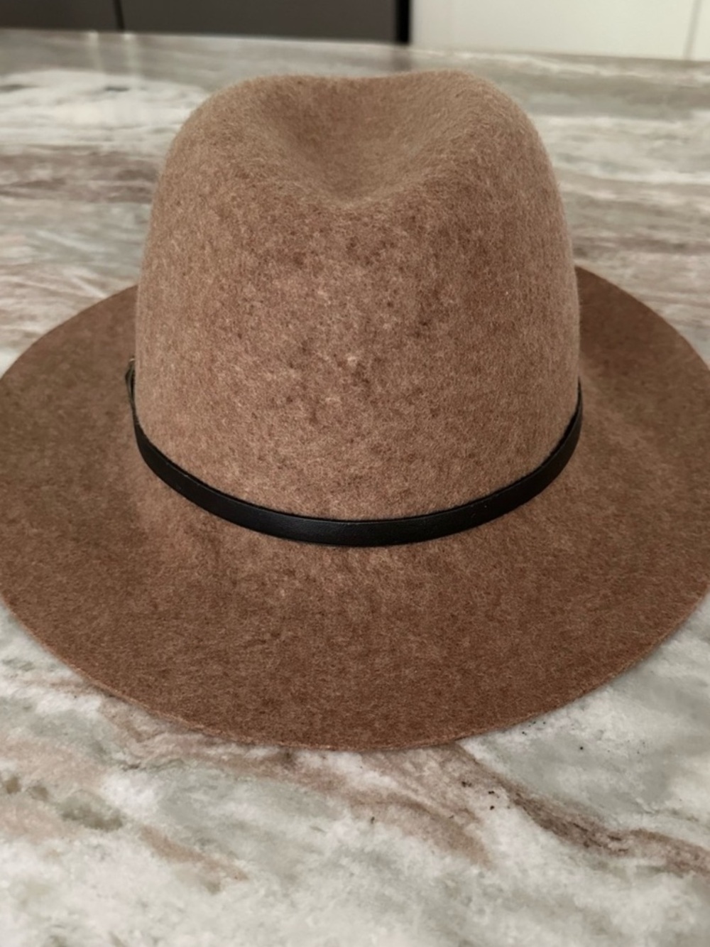100% Wool Brown Fall Hat With Faux Leather Belt Band